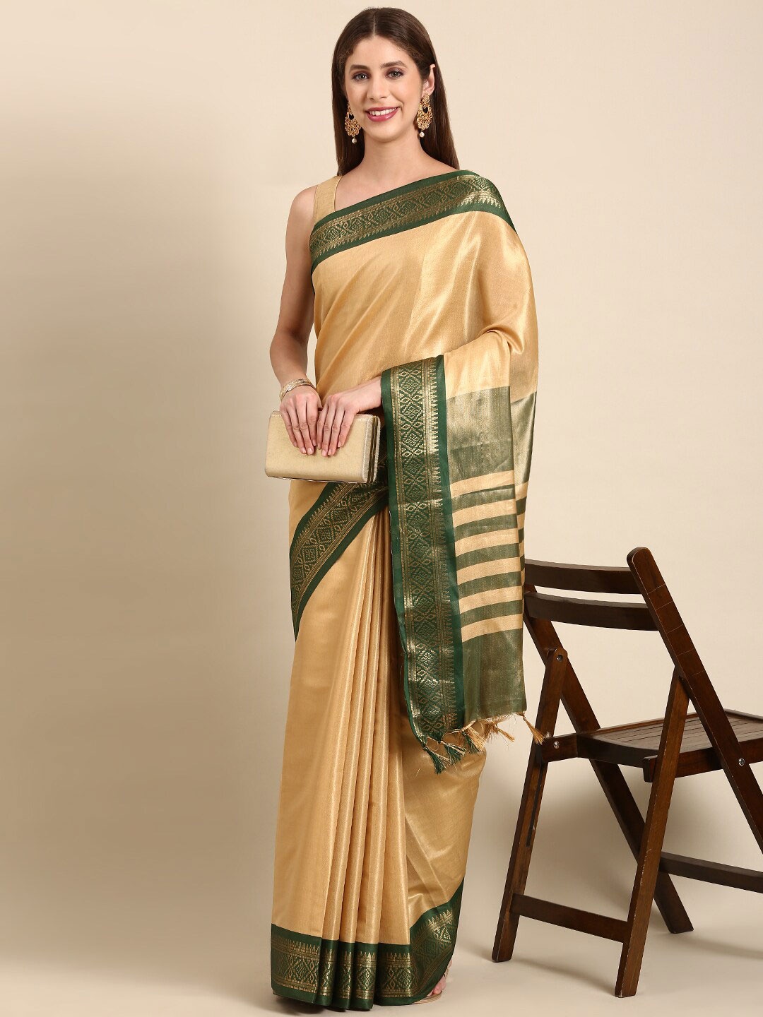 

Anouk Ethni Motif Woven Design Zari Silk Blend Kanjeevaram Saree, Beige