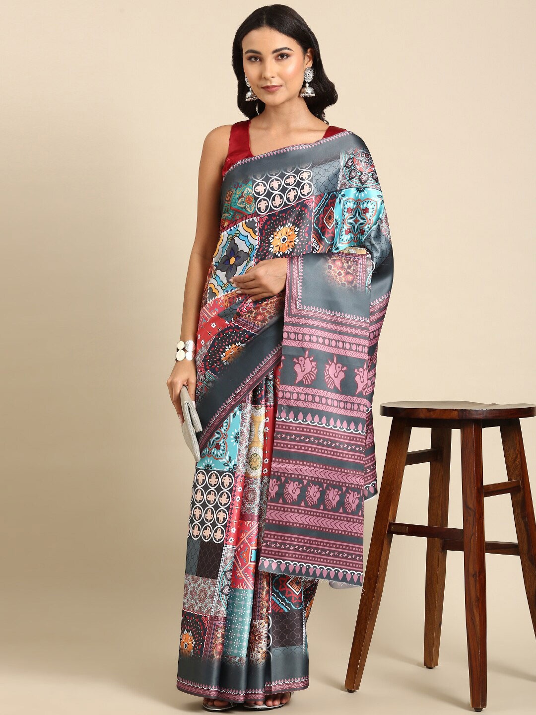 

Anouk Ethnic Motif Satin Saree With Blouse Piece, Black