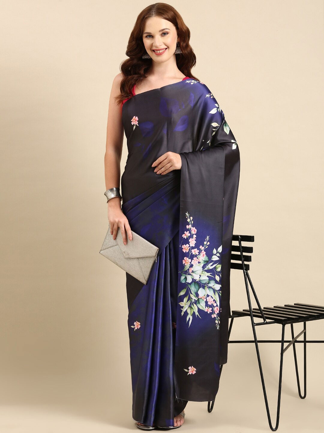 

Anouk Floral Print Satin Saree With Blouse Piece, Black