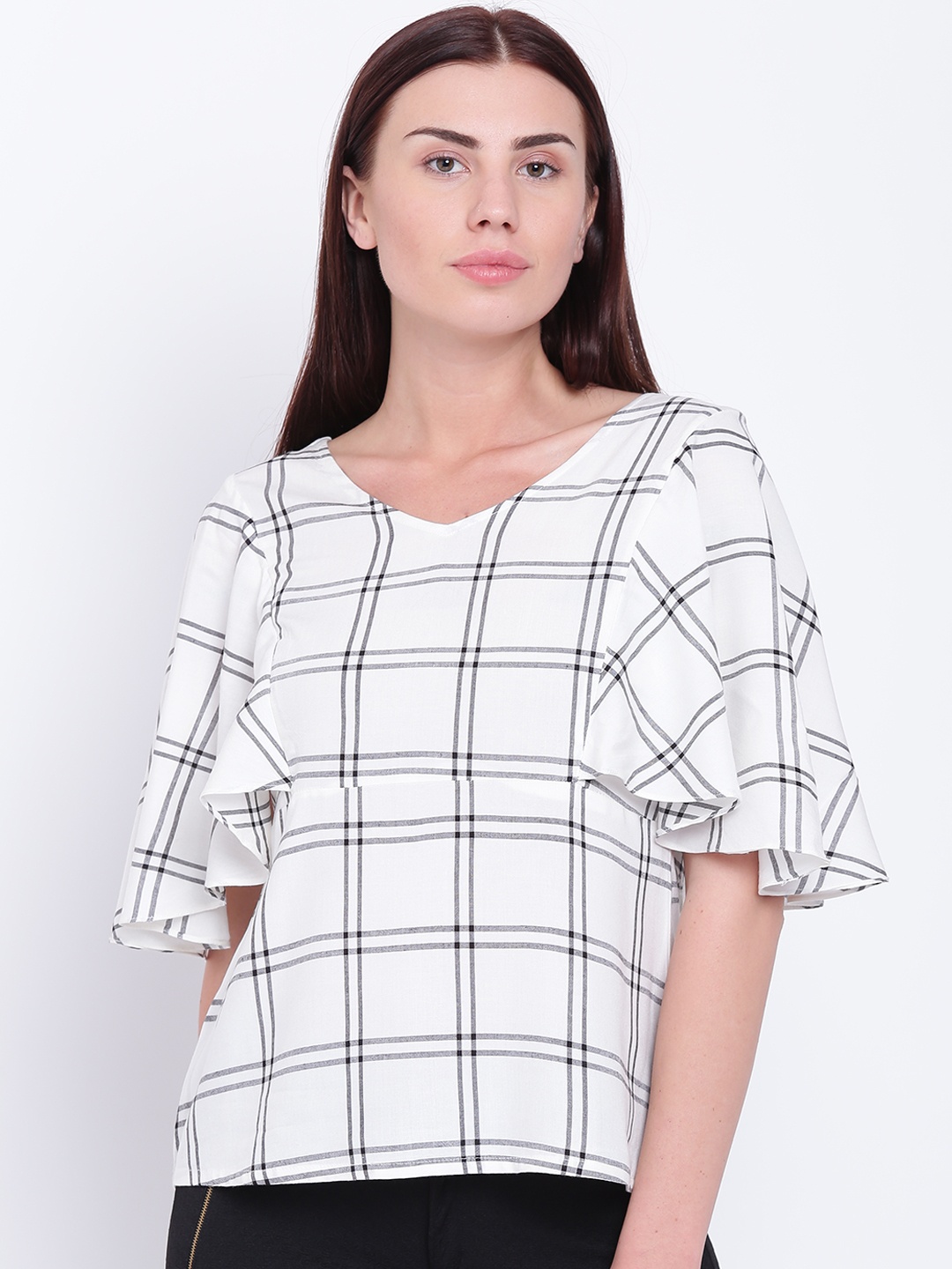 

AND Women White & Black Checked A-Line Top