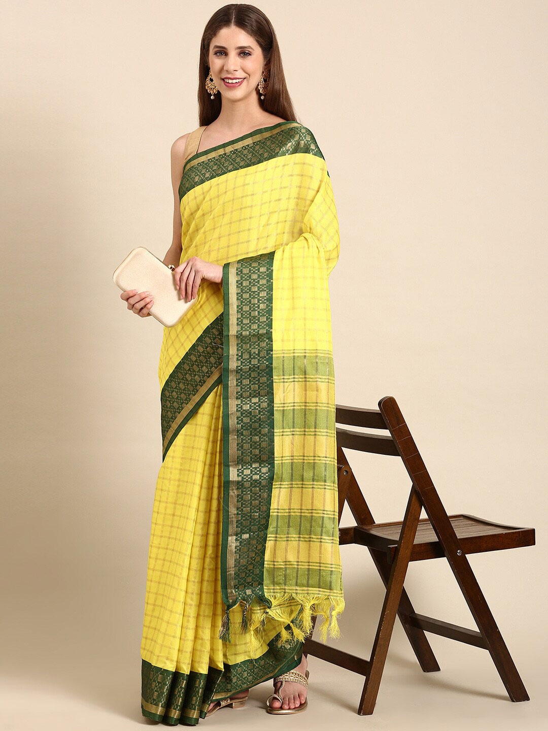 

Anouk Checked Zari Silk Blend Kanjeevaram Saree With Blouse Piece, Yellow