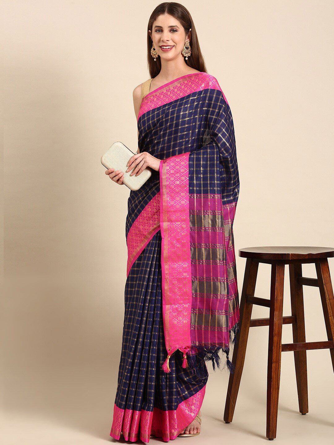 

Anouk Navy Blue & Pink Checked Zari Kanjeevaram Saree