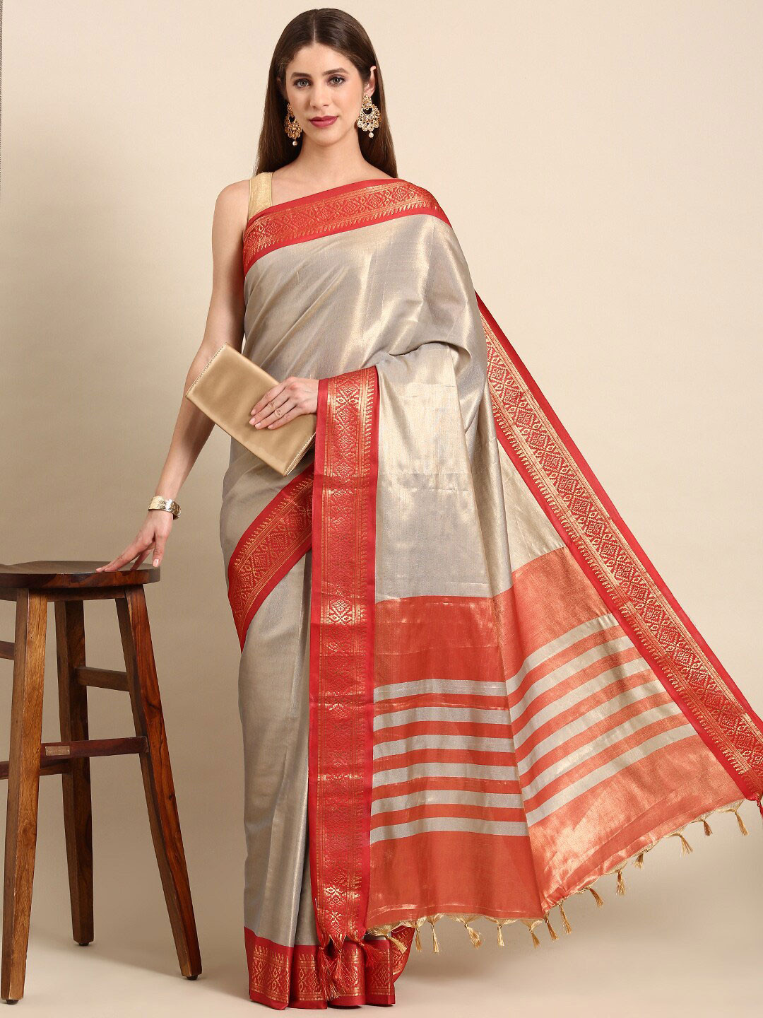 

Anouk Grey & Red Woven Design Zari Kanjeevaram Saree