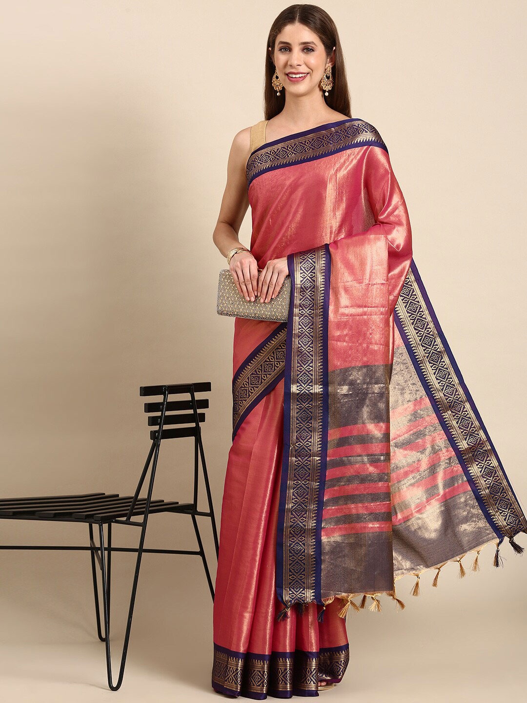 

Anouk Pink & Navy Blue Woven Design Zari Kanjeevaram Saree