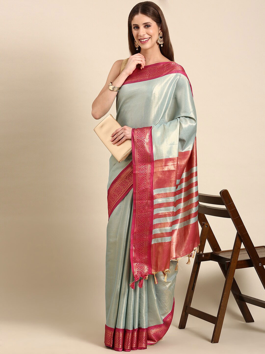 

Anouk Blue & Red Woven Design Zari Kanjeevaram Saree