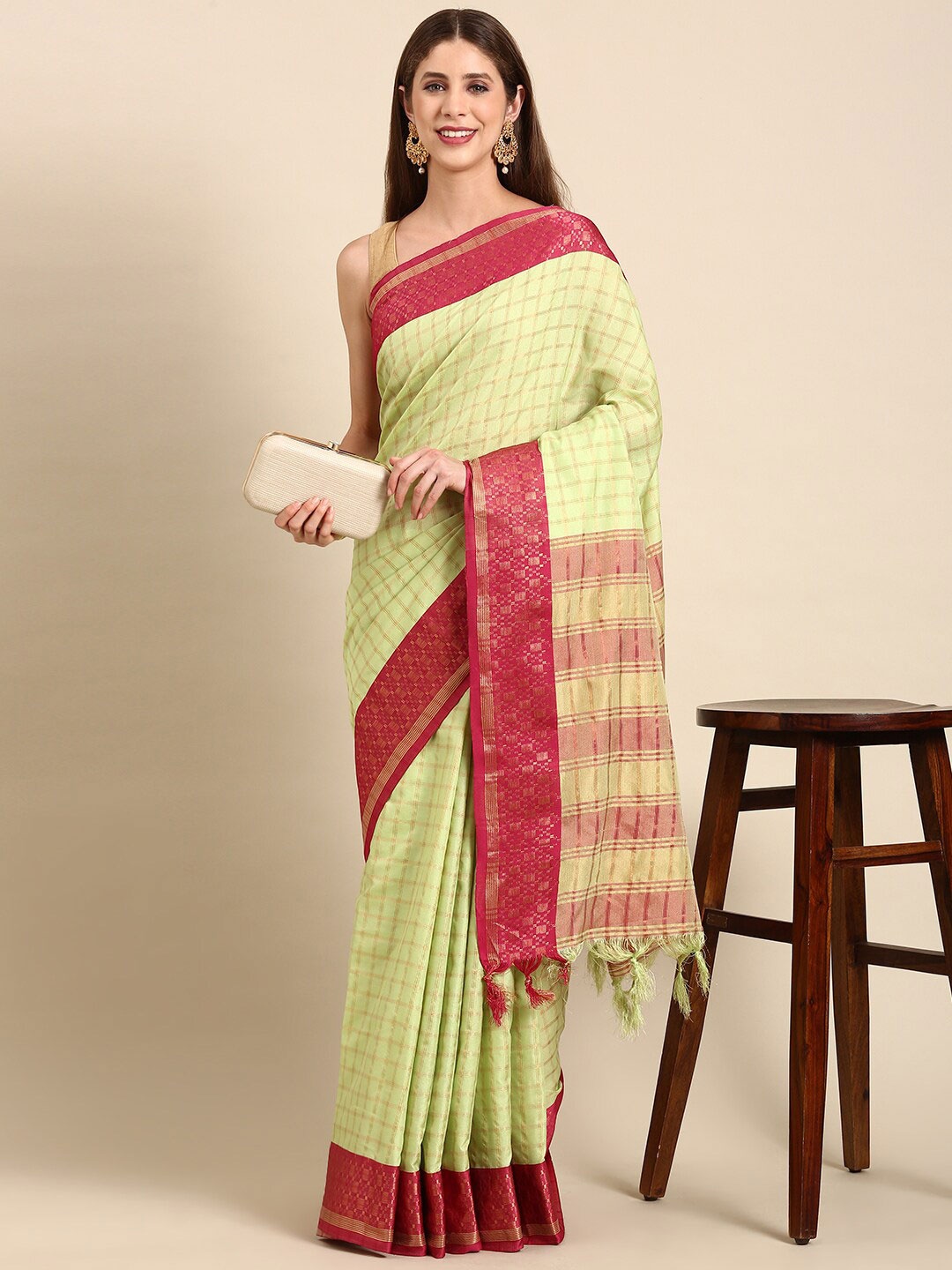 

Anouk Lime Green & Red Checked Zari Kanjeevaram Saree