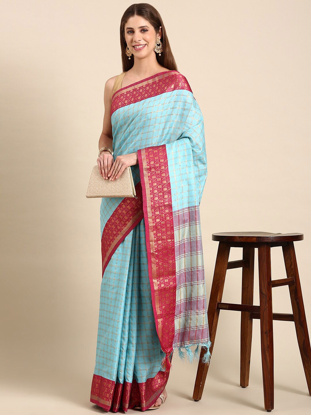 

Anouk Blue & Red Checked Zari Kanjeevaram Saree