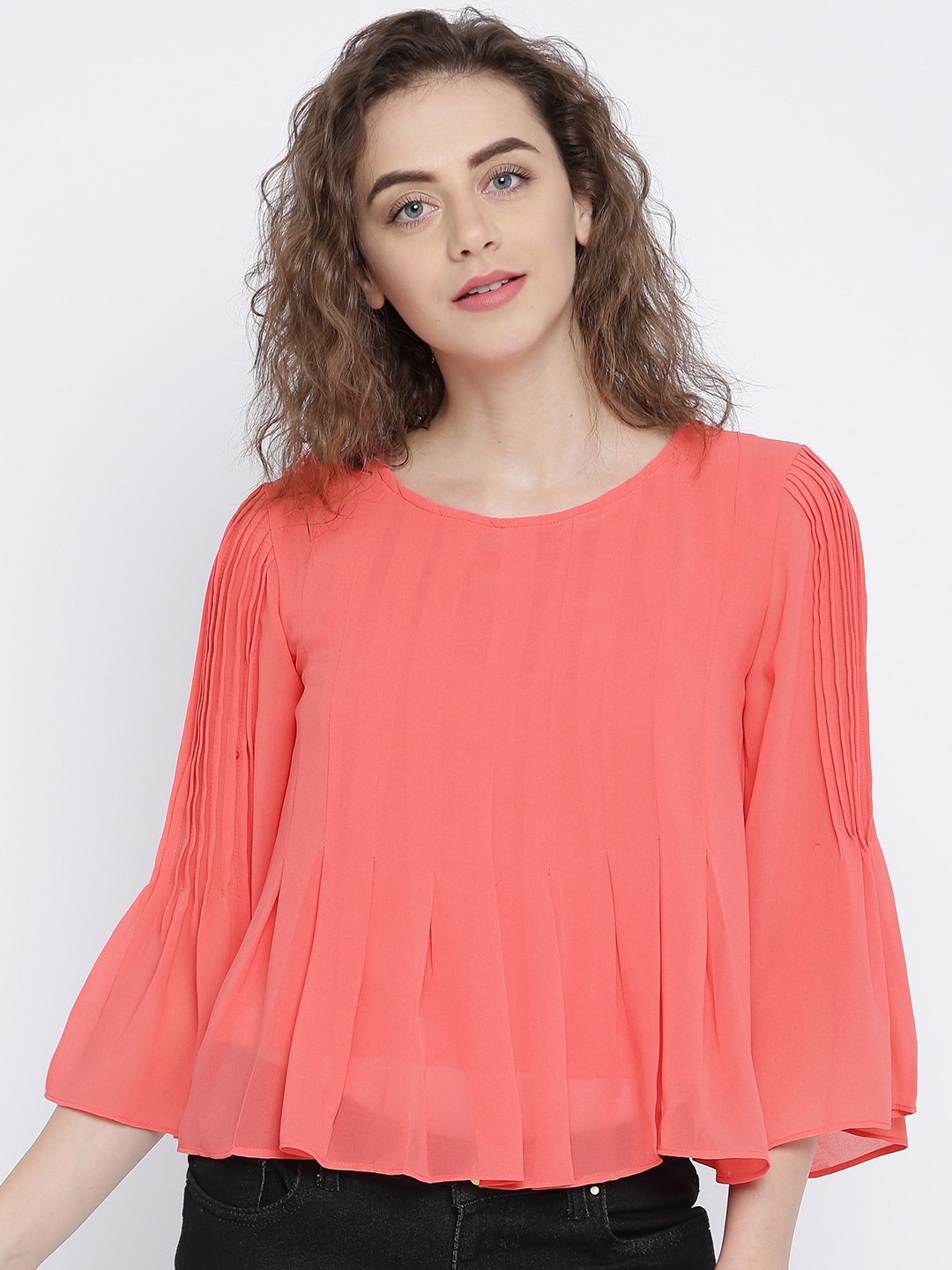 

AND Women Coral Pink Solid Styled Back Top