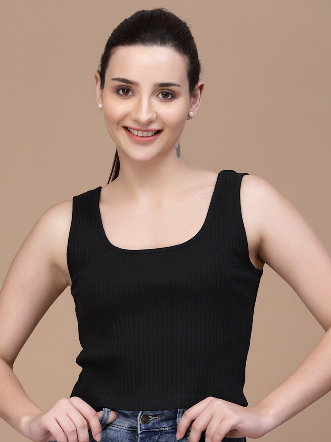 

Strong And Brave Odour Free Self Design Cotton Tank Top, Black
