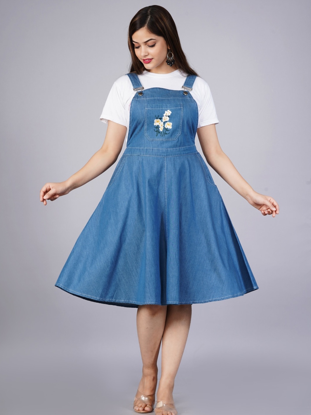 

SUMAVI-FASHION Embroidered Organic Cotton Denim Midi Pinafore Dress, Blue