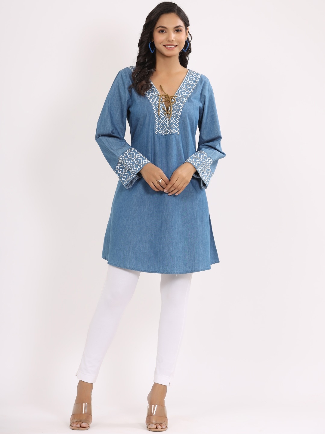 

SUMAVI-FASHION Tie Up Neck Embroidered Organic Cotton Denim A-Line Tunics, Blue