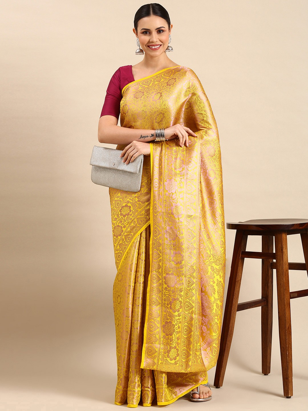 

Pothys Floral Zari Art Silk Banarasi Saree, Yellow