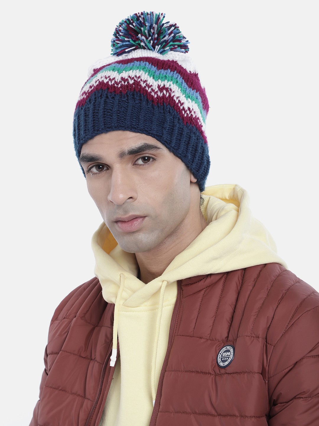 

Magic Needles Men Printed Beanie With Pompom, Multi