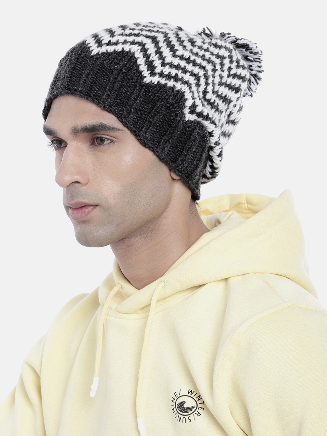 

Magic Needles Men Printed Beanie With Pompom, Grey