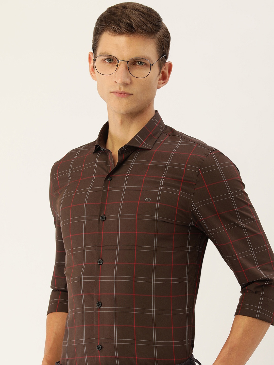 

Peter England Men Super Slim Fit Opaque Checked Formal Shirt, Brown