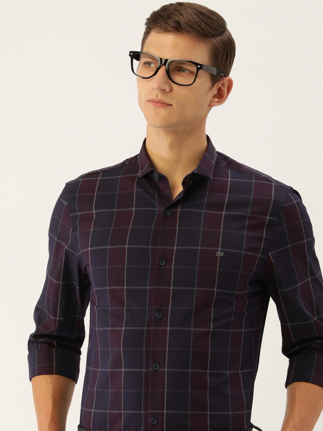 

Peter England Men Slim Fit Opaque Checked Formal Shirt, Navy blue