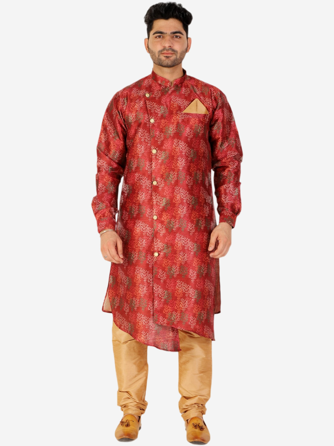 

Pro-Ethic STYLE DEVELOPER Ethnic Printed Mandarin Collar Asymmetric Kurta with Pyjamas, Maroon