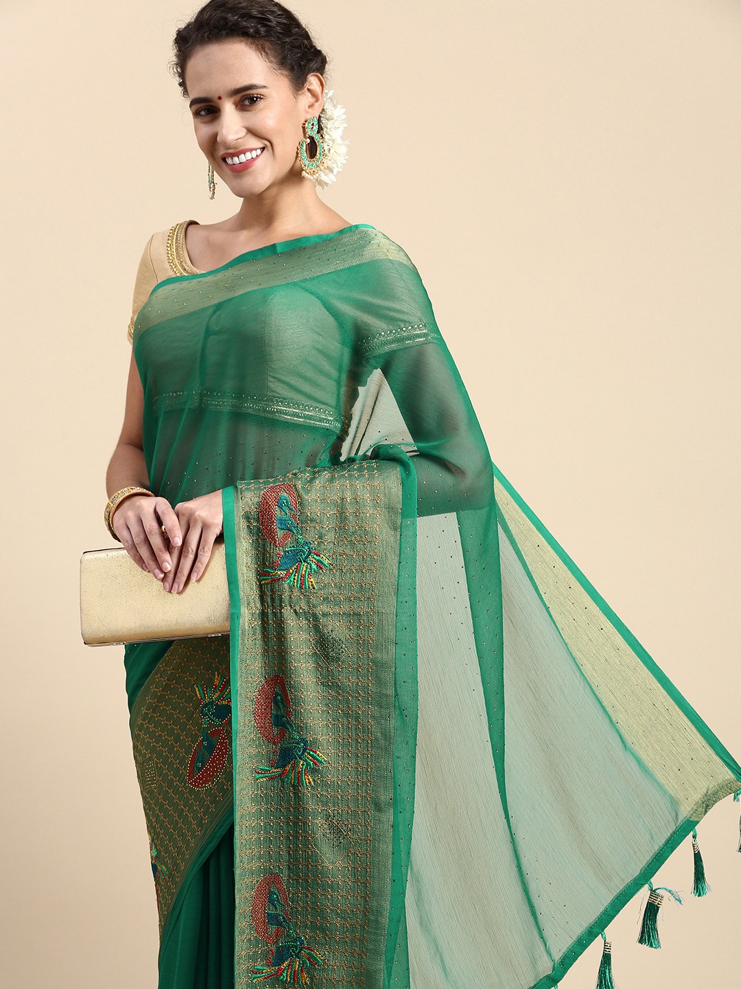 

Indian Women Embellished Beads & Stones Saree, Green