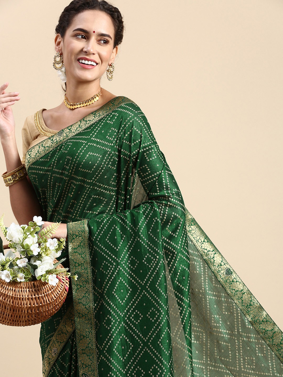 

Indian Women Bandhani Beads & Stones Saree, Green
