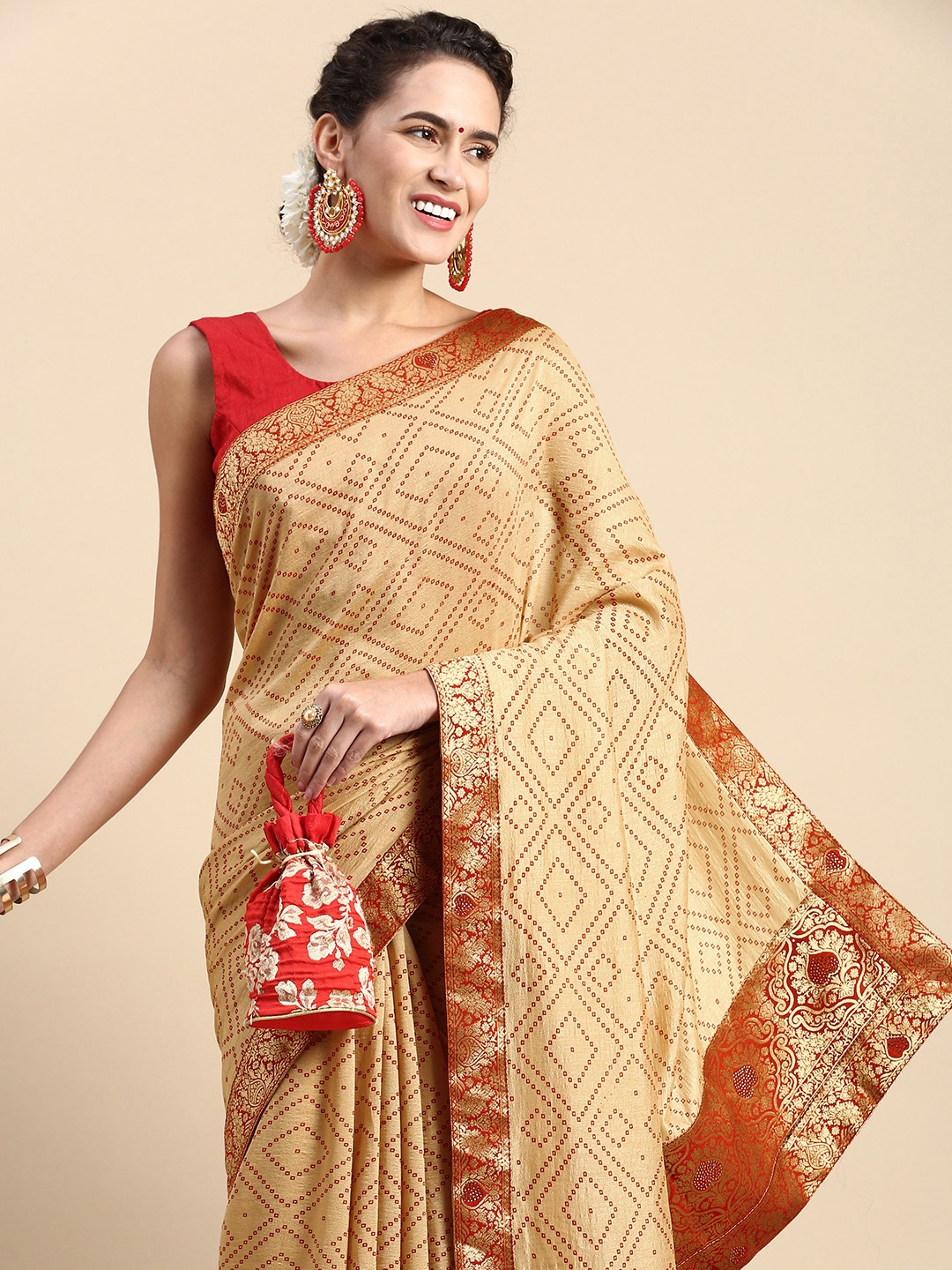 

Indian Women Red & Beige Bandhani Beads and Stones Silk Blend Designer Saree