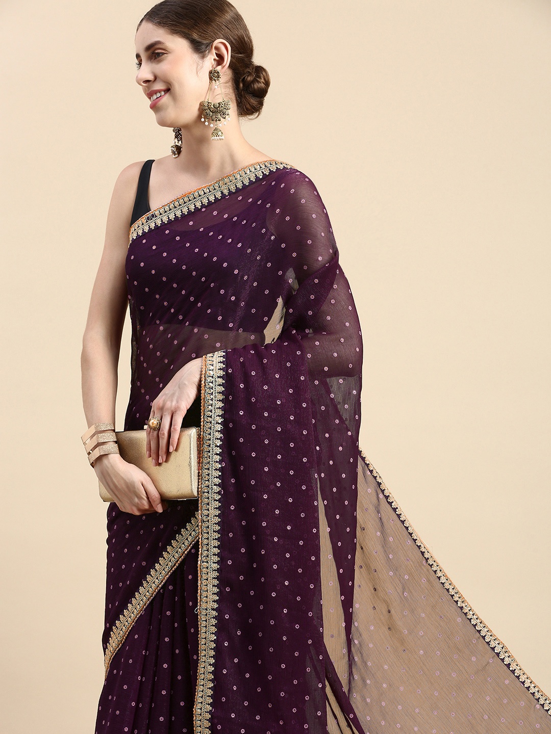 

Indian Women Floral Zari Poly Chiffon Saree, Purple