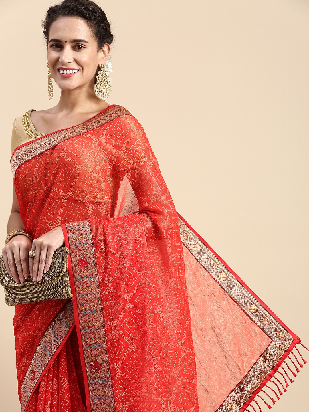 

Indian Women Ethnic Motifs Beads and Stones Saree, Red