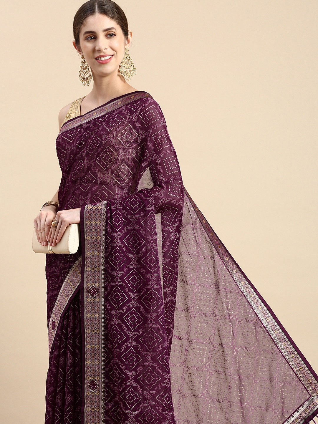 

Indian Women Zari Poly Chiffon Saree, Purple