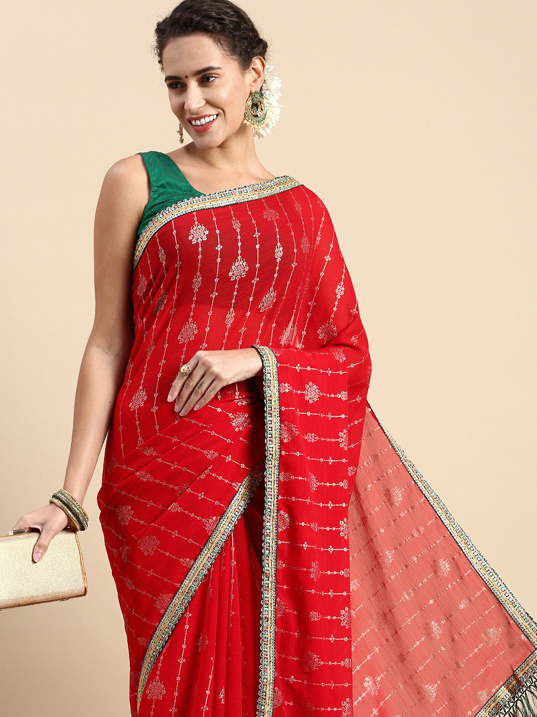 

Indian Women Ethnic Motifs Printed Zari Saree, Red