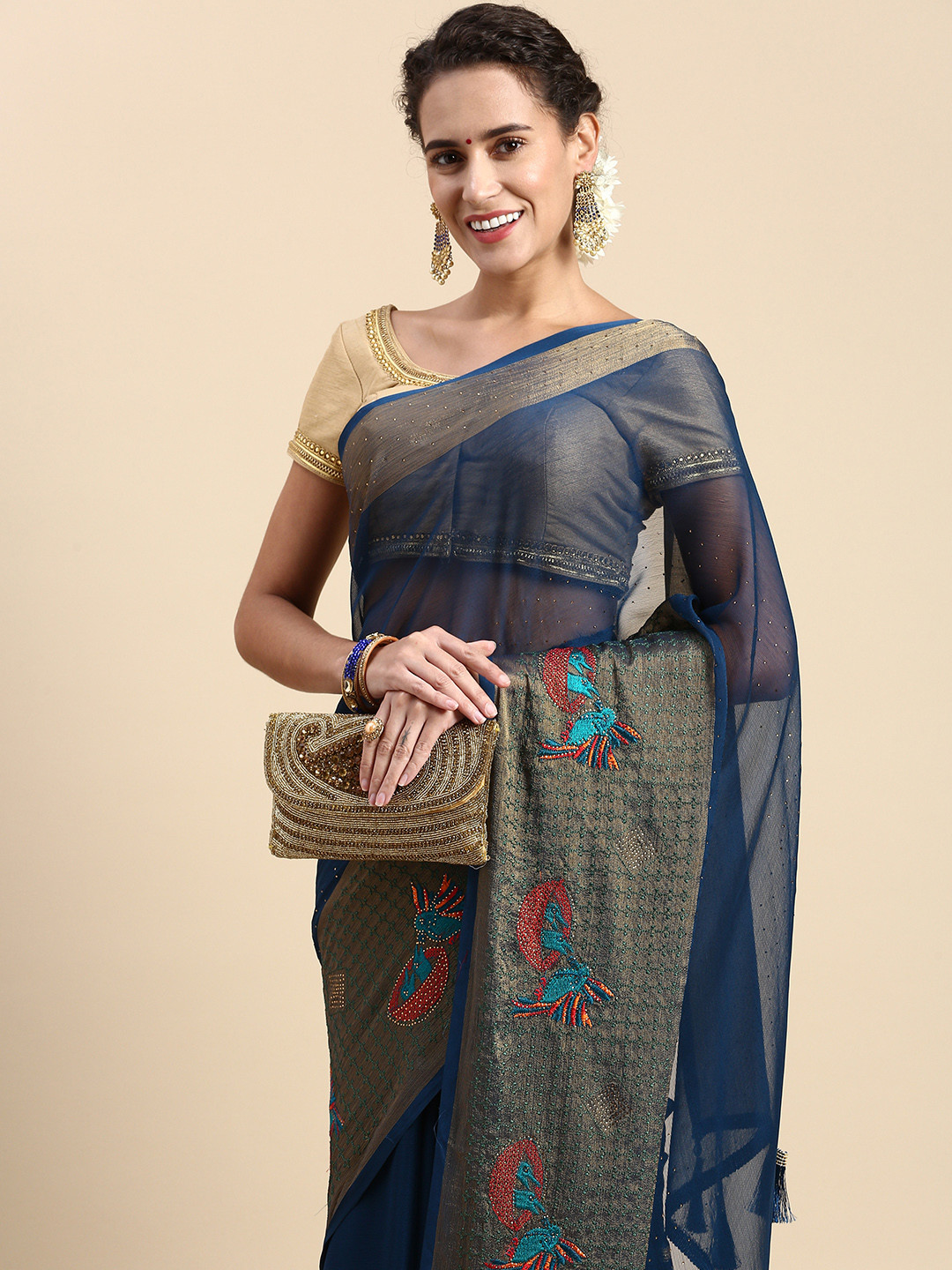 

Indian Women Embellished Beads and Stones Saree, Navy blue