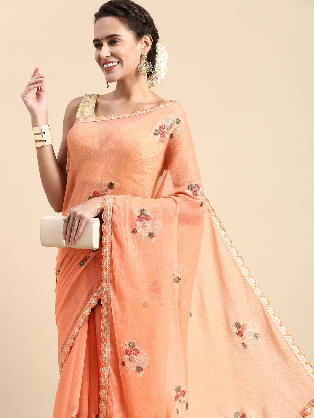 

Indian Women Floral Beads and Stones Poly Chiffon Saree, Peach