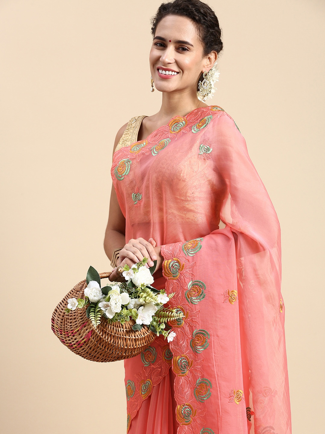 

Indian Women Floral Embroidered Beads & Stones Organza Saree, Pink