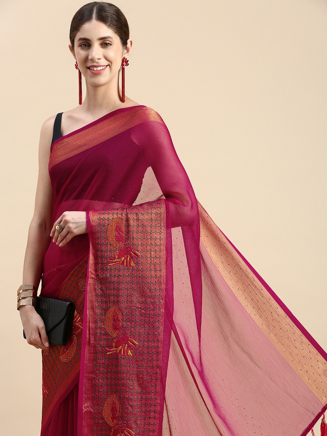 

Indian Women Solid Beads and Stones Saree, Red