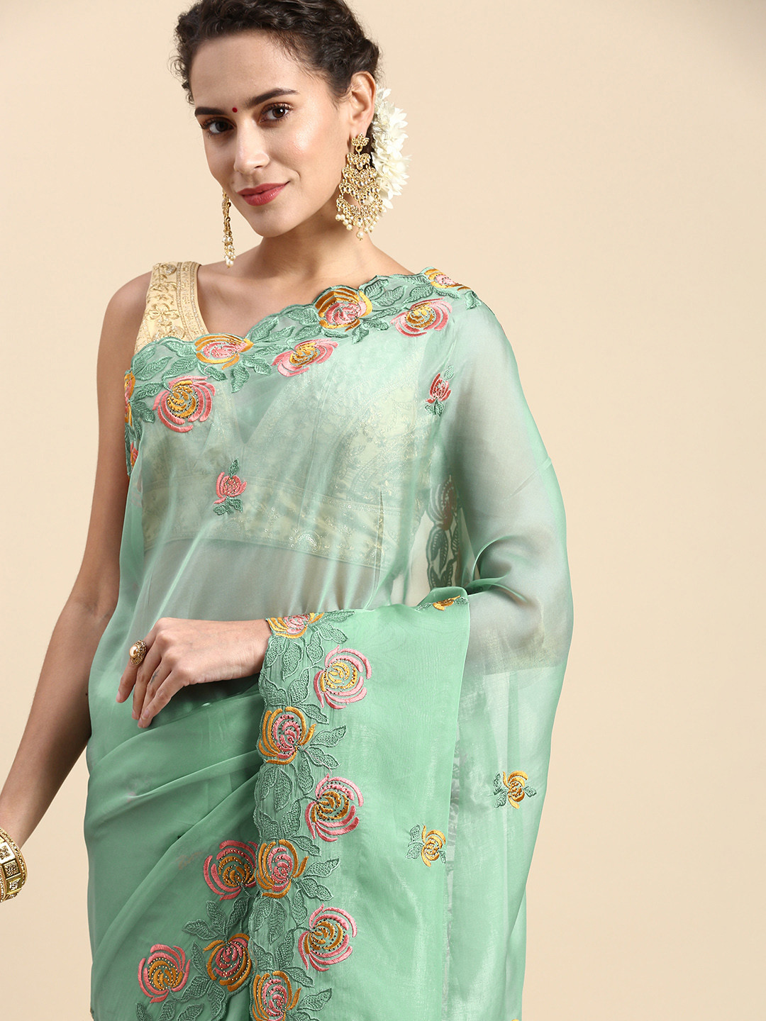 

Indian Women Floral Embroidered Beads & Stones Organza Saree, Turquoise blue