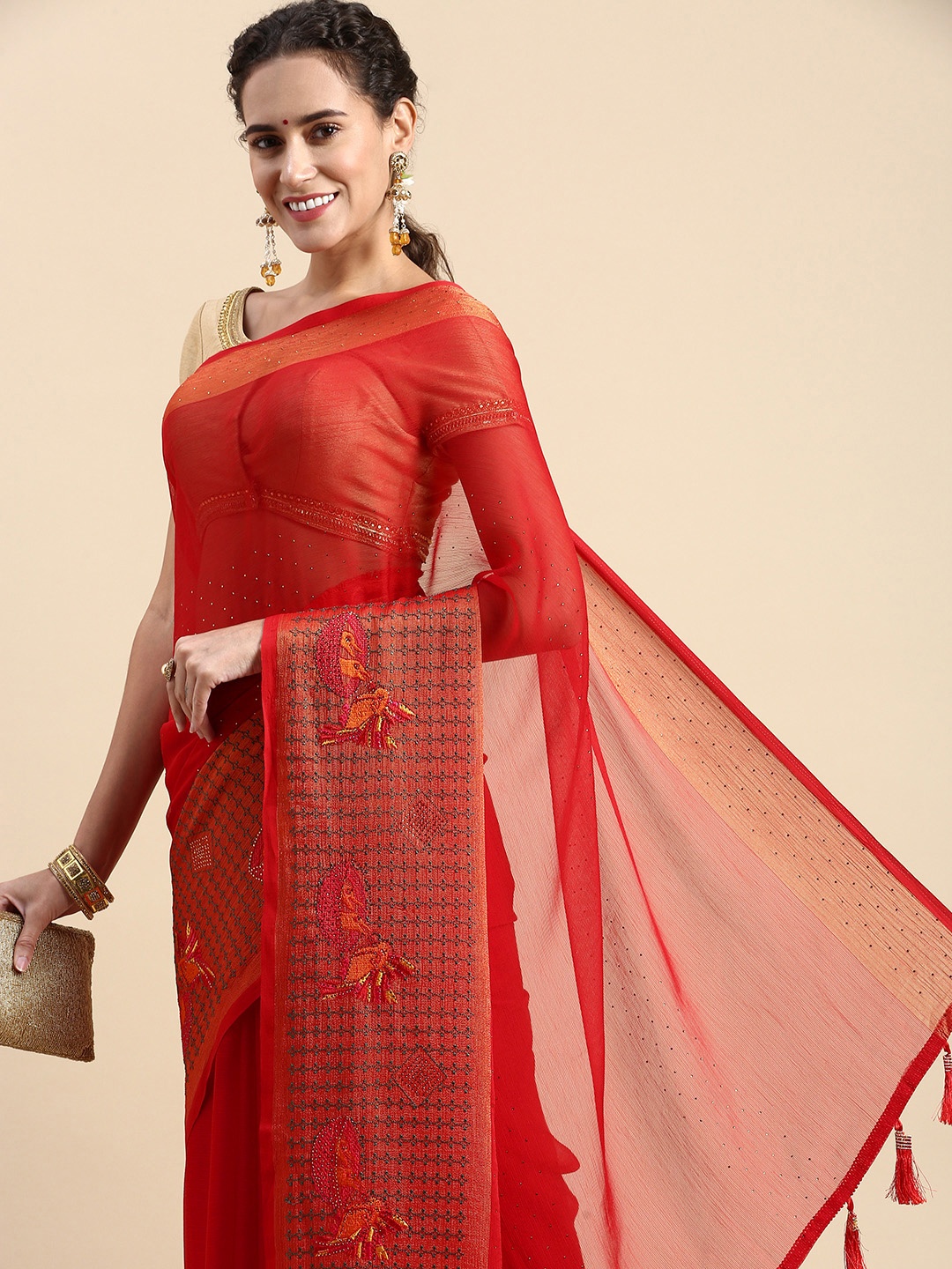 

Indian Women Floral Beads and Stones Saree, Red