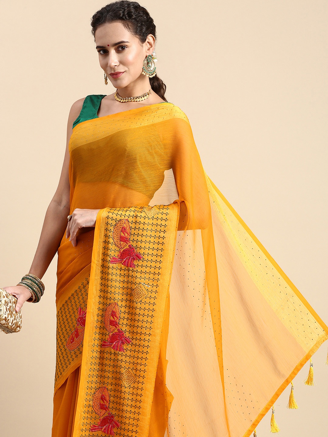 

Indian Women Ethnic Motifs Beads and Stones Saree, Yellow