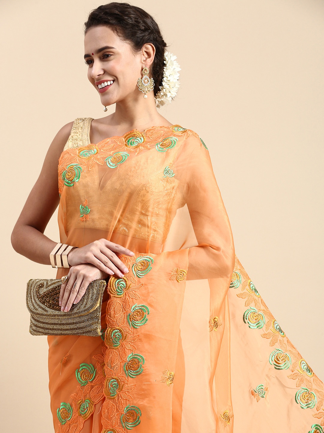 

Indian Women Floral Embroidered Beads & Stones Organza Saree, Orange