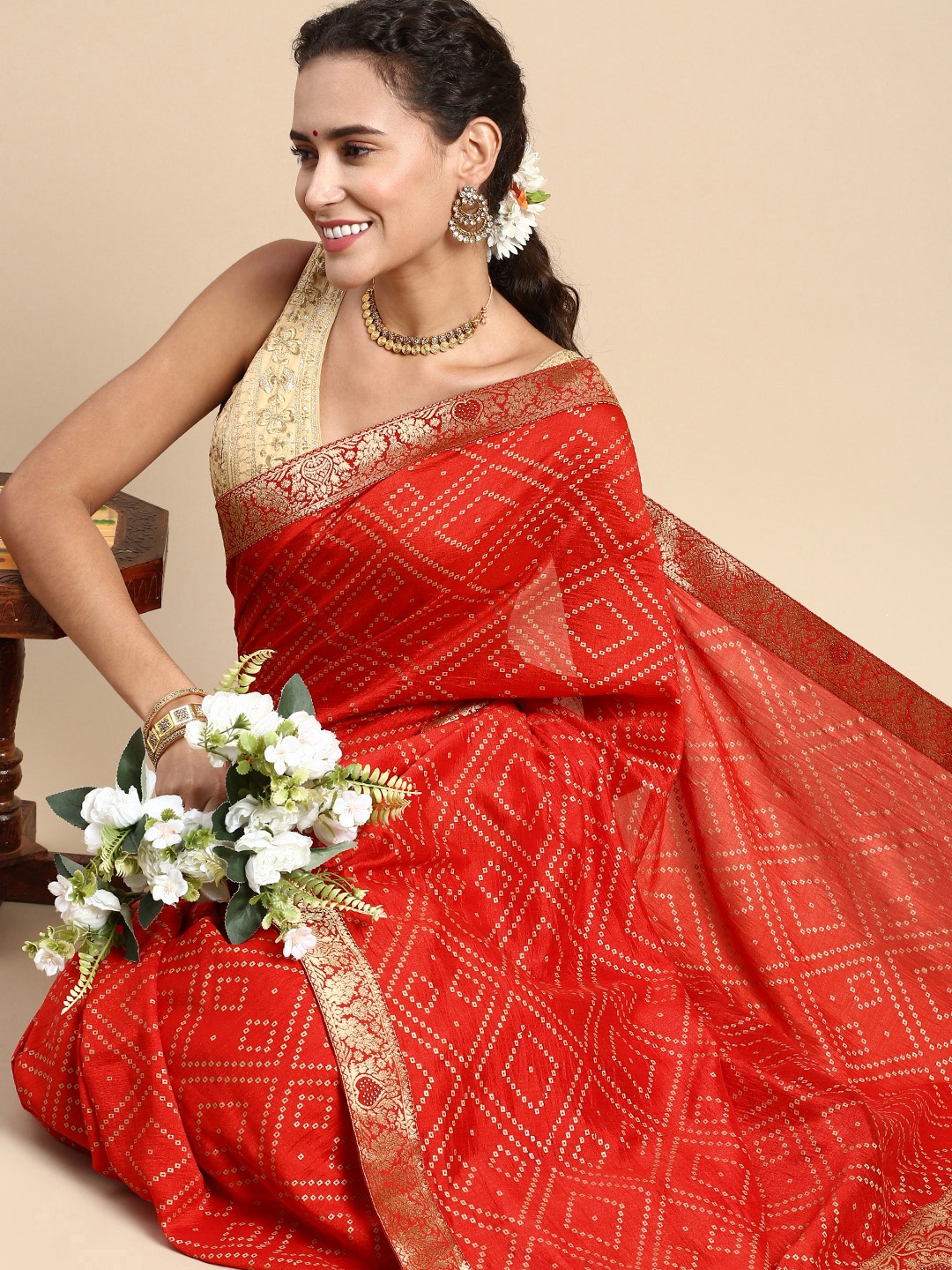 

Indian Women Bandhani Beads & Stones Saree, Red
