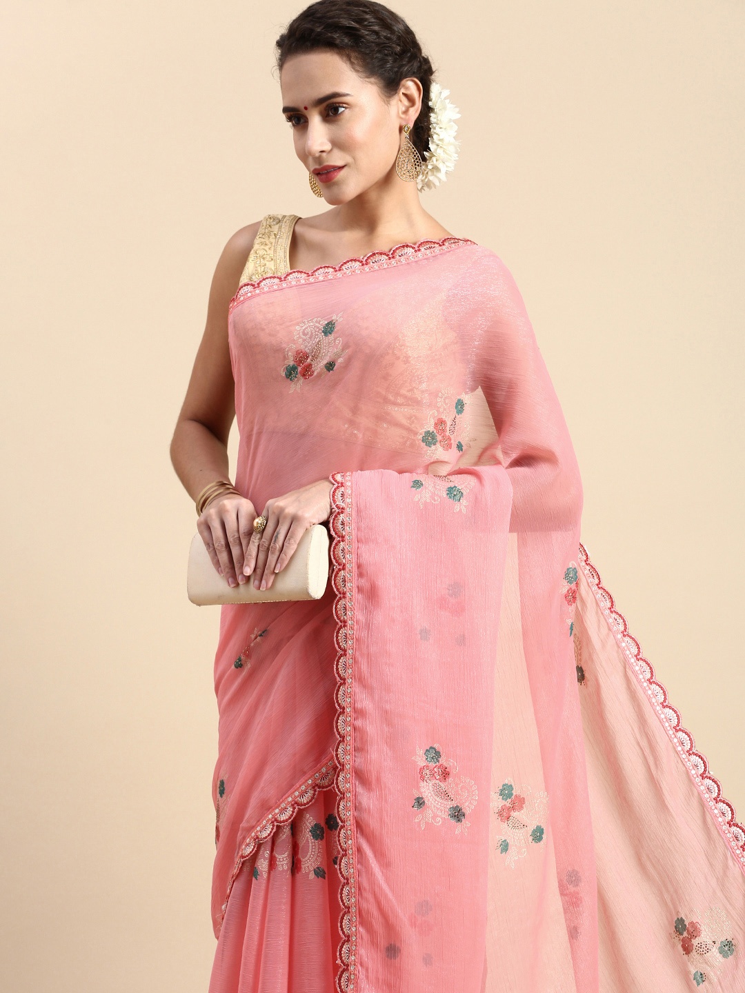 

Indian Women Pink Beads and Stones Poly Chiffon Designer Saree