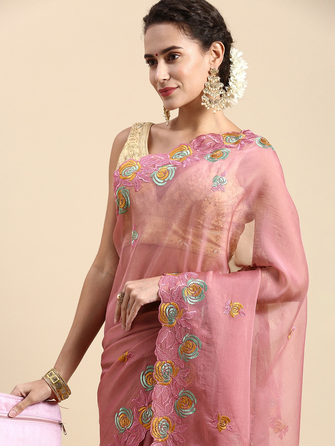 

Indian Women Floral Embroidered Beads & Stones Organza Saree, Pink