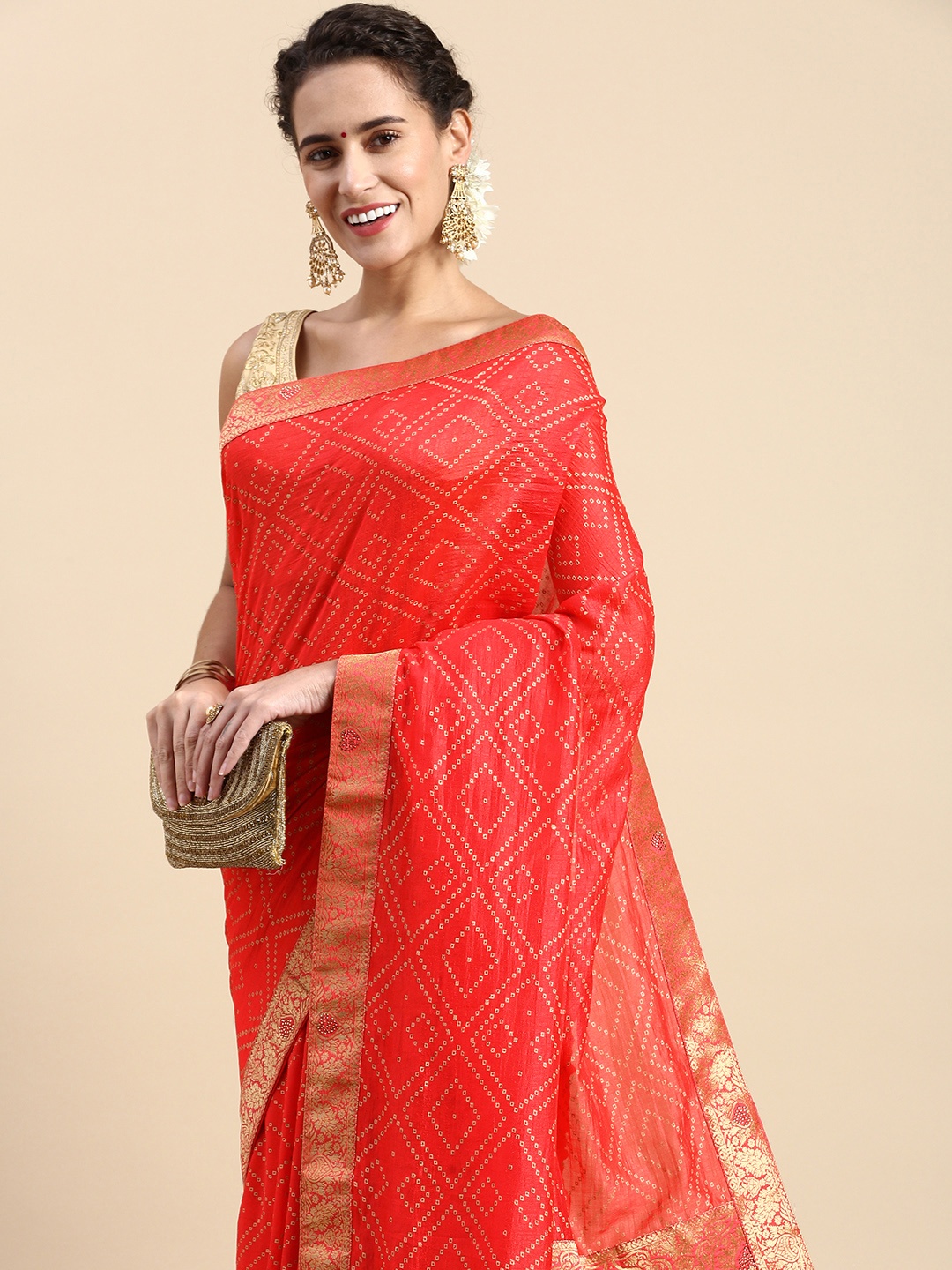 

Indian Women Pink Bandhani Beads and Stones Silk Blend Designer Saree