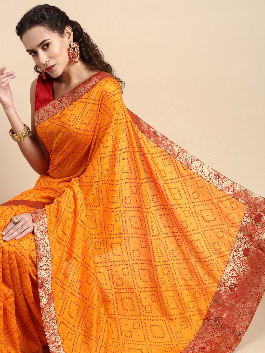 

Indian Women Bandhani Beads and Stones Saree, Yellow