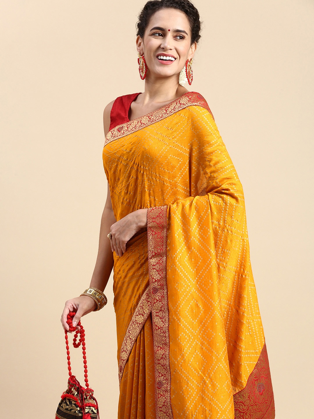 

Indian Women Yellow Bandhani Beads and Stones Silk Blend Designer Saree