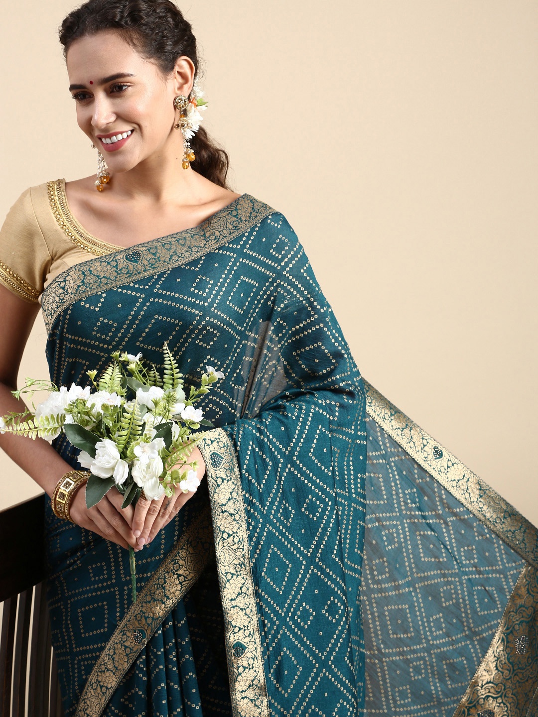 

Indian Women Bandhani Beads & Stones Saree, Navy blue
