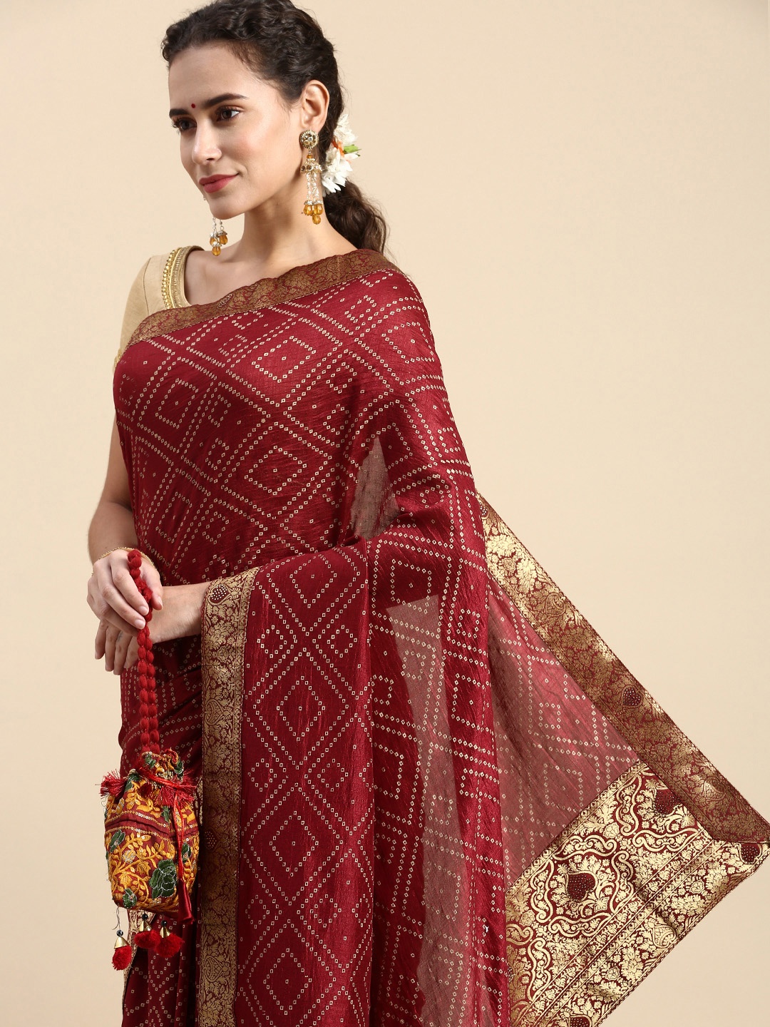 

Indian Women Bandhani Beads & Stones Saree, Maroon