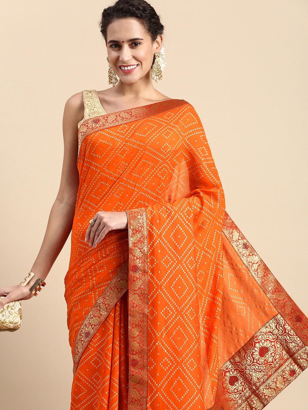 

Indian Women Orange Bandhani Beads and Stones Silk Blend Designer Saree