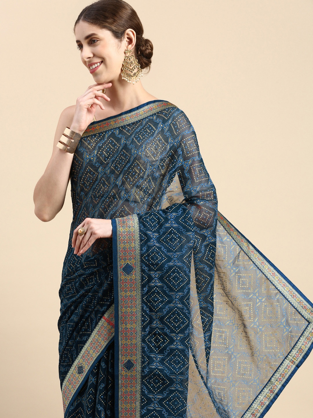 

Indian Women Zari Poly Chiffon Saree, Blue