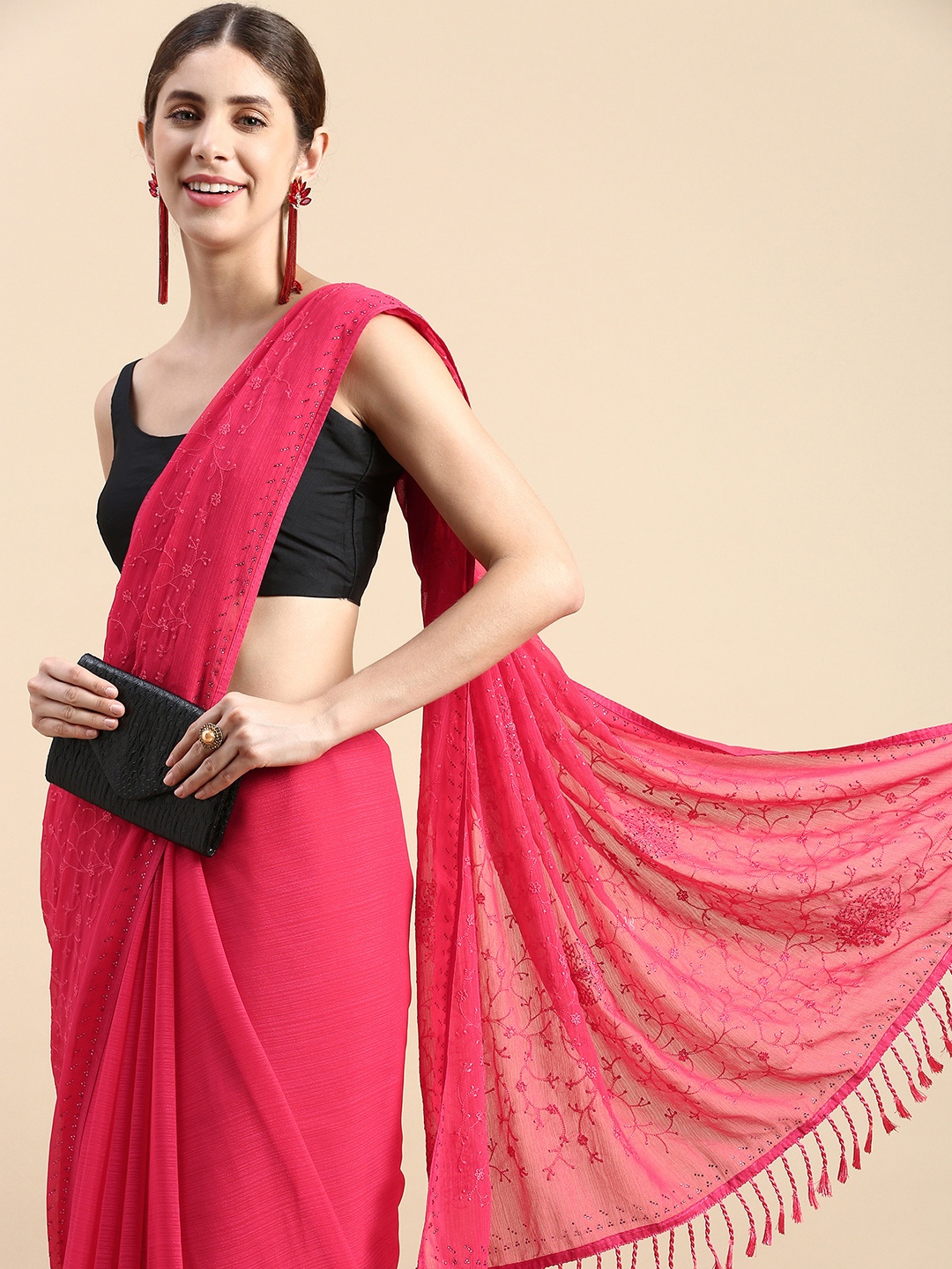 

Indian Women Floral Beads and Stones Silk Blend Saree, Pink