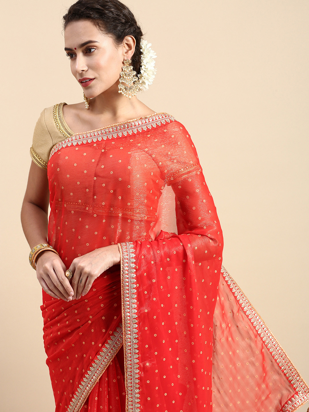 

Indian Women Floral Embroidered Zari Saree, Pink