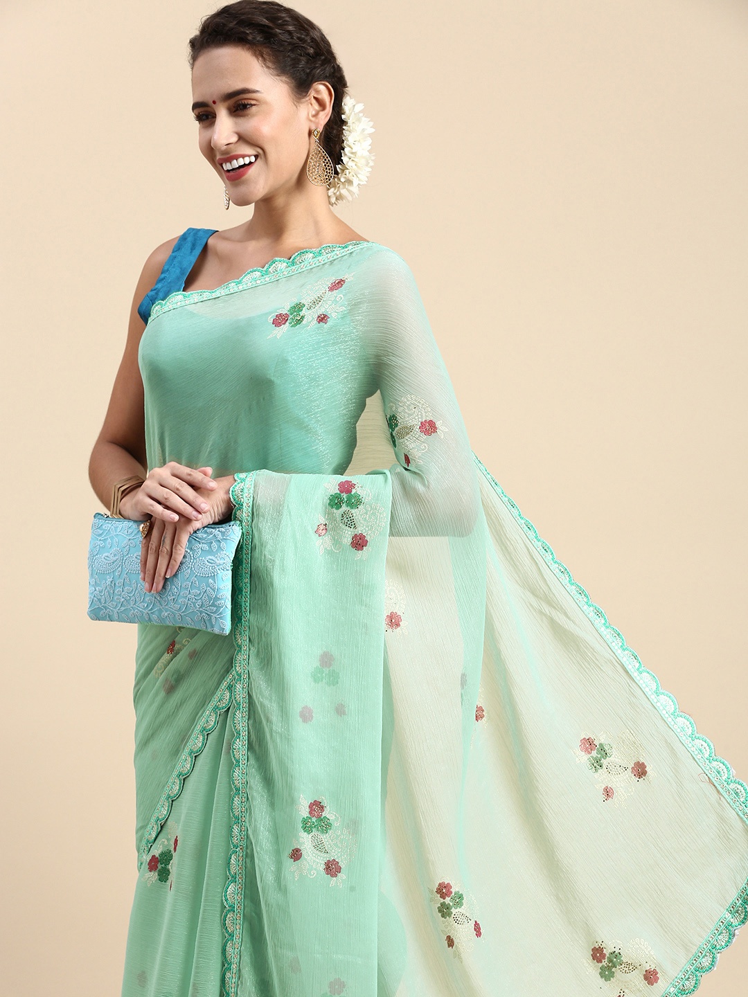 

Indian Women Floral Beads and Stones Poly Chiffon Saree, Turquoise blue