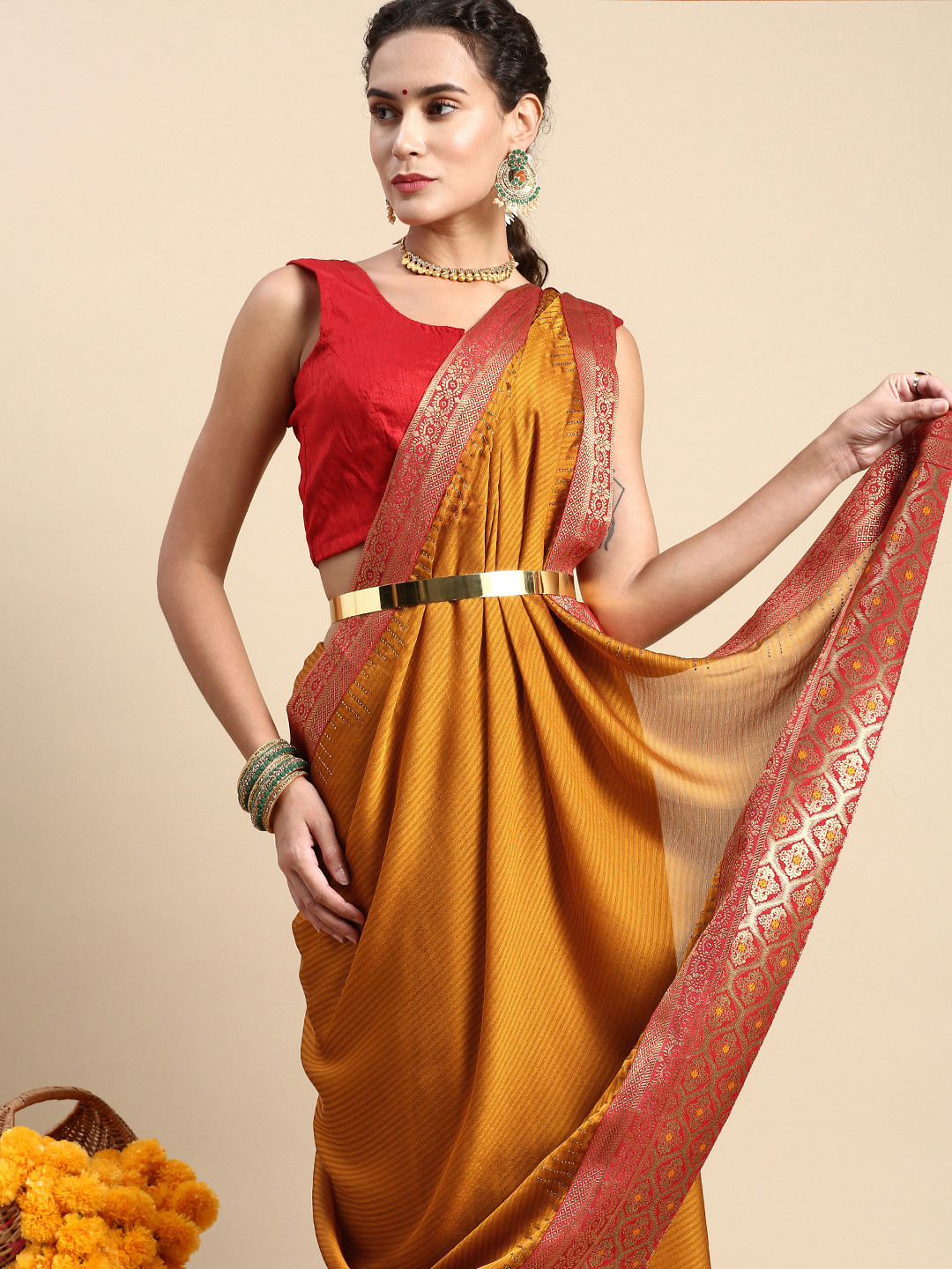 

Indian Women Striped Zari Satin Saree, Yellow
